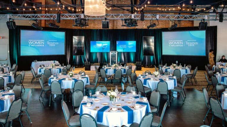 Table set ups with screens in background