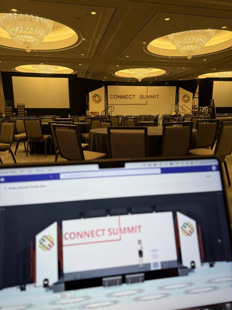 Digital rendering of stage on computer in front of the actual stage